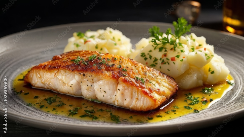 Pike perch fillet in garlic oil. Pike perch fillet in garlic oil.