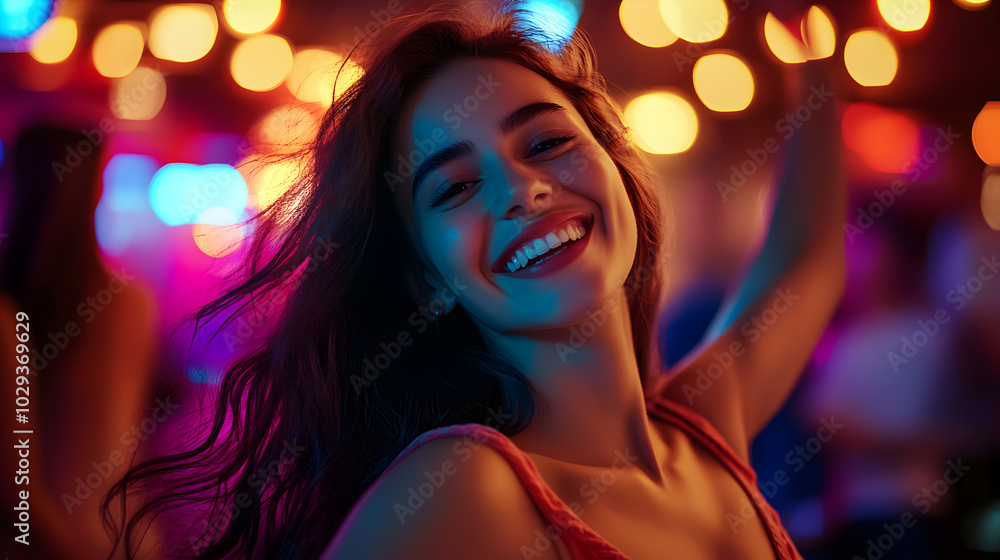 Happy young woman smiling and dancing in nightclub Happy young woman smiling and dancing in nightclub