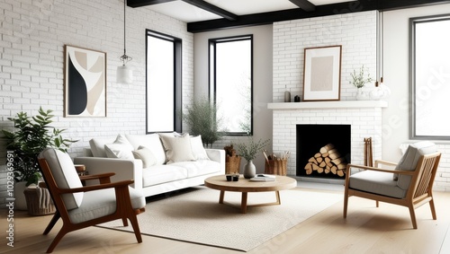 Wallpaper Mural Cozy modern living room, minimalist Scandinavian design, white brick walls, large windows, natural light, fireplace with stacked firewood, comfortable white sofa, wooden armchair, round wooden coffee  Torontodigital.ca