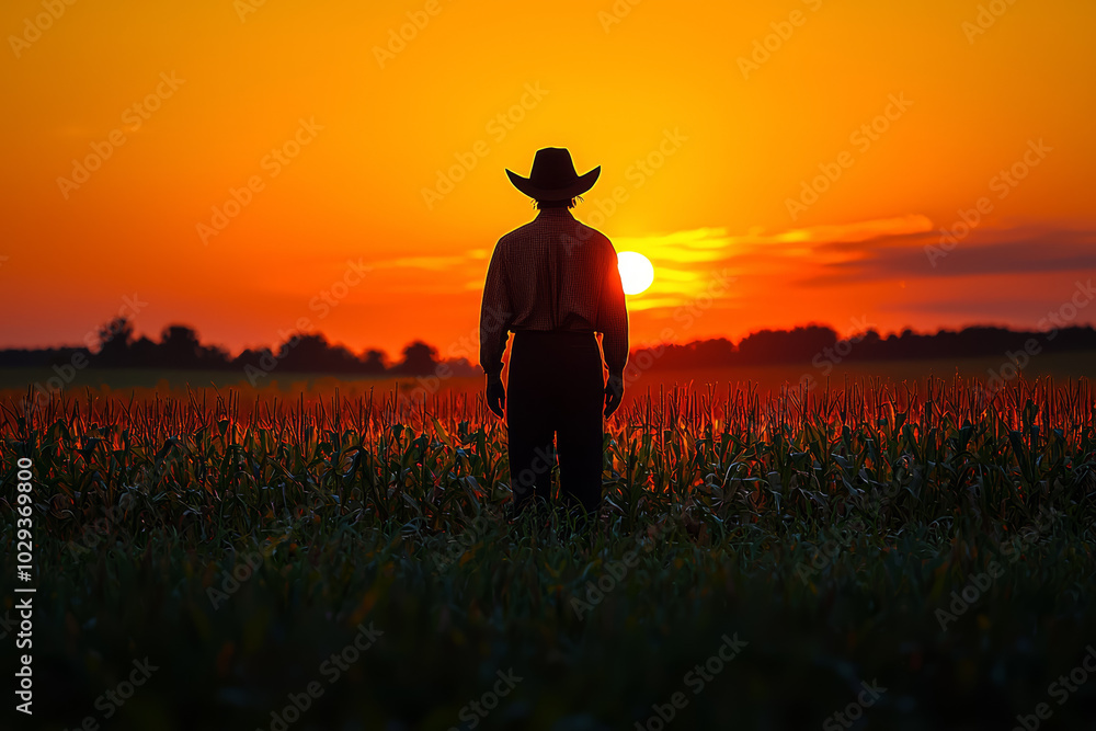 Fototapeta premium A scarecrow standing alone in a cornfield, silhouetted by the setting sun. Concept of rural Halloween traditions.