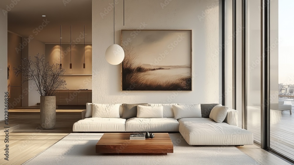 Fototapeta premium Modern minimalist living room, neutral tones, large white sectional sofa, abstract landscape painting, pendant light, floor-to-ceiling windows, wooden coffee table, textured wall, cozy atmosphere, arc