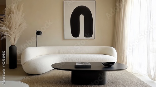 Minimalist living room, curved white sofa, black round coffee table, abstract black shape artwork, beige walls, sisal rug, black table lamp, dried pampas grass, window with sheer curtains, monochromat photo