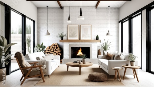 Cozy modern living room, minimalist Scandinavian design, white brick walls, large windows, natural light, fireplace with stacked firewood, comfortable white sofa, wooden armchair, round wooden coffee 