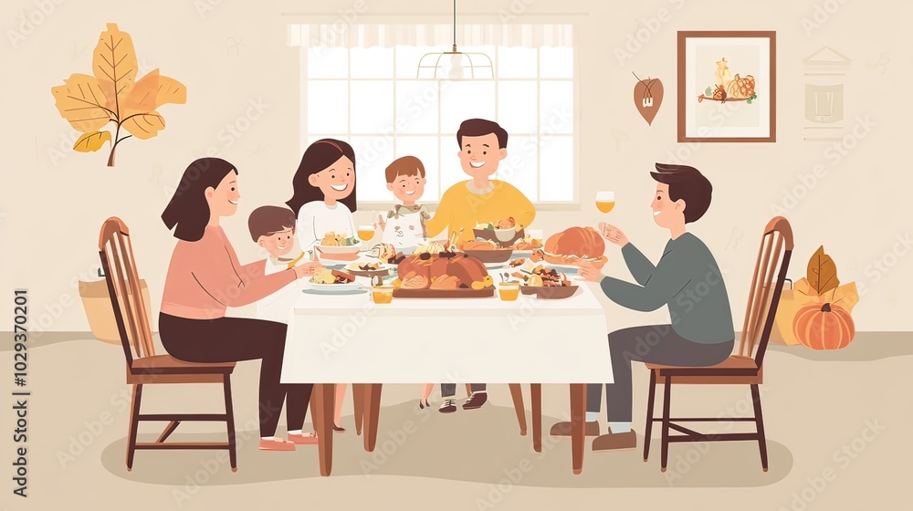 A family sitting around a dinner table, enjoying a Thanksgiving meal together. A family sitting around a dinner table, enjoying a Thanksgiving meal together.