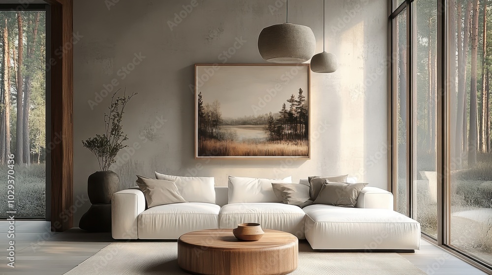 Fototapeta premium Modern minimalist living room, neutral tones, large white sectional sofa, abstract landscape painting, pendant light, floor-to-ceiling windows, wooden coffee table, textured wall, cozy atmosphere, arc