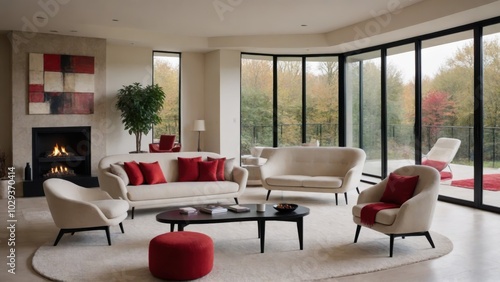 modern living room, large windows, forest view, fireplace, red and white abstract art, white sofa, red cushions, coffee table, ottomans, minimalist decor, natural light, cozy interior, contemporary de