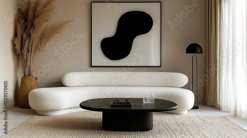 Minimalist living room, curved white sofa, black round coffee table, abstract black shape artwork, beige walls, sisal rug, black table lamp, dried pampas grass, window with sheer curtains, monochromat photo