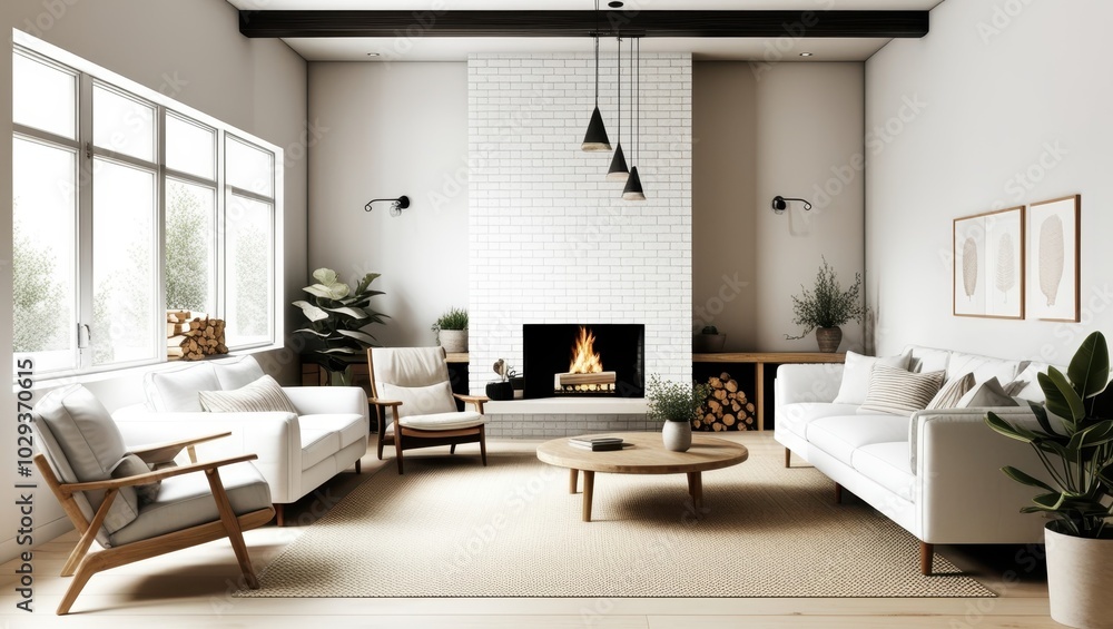 Cozy modern living room, minimalist Scandinavian design, white brick walls, large windows, natural light, fireplace with stacked firewood, comfortable white sofa, wooden armchair, round wooden coffee Cozy modern living room, minimalist Scandinavian design, white brick walls, large windows, natural light, fireplace with stacked firewood, comfortable white sofa, wooden armchair, round wooden coffee