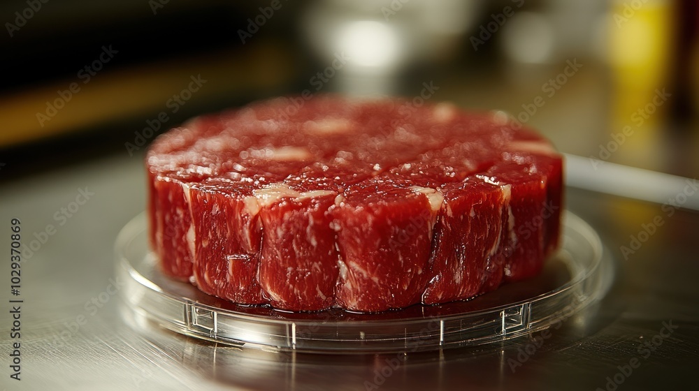 A circular piece of raw beef, displayed on a clear plate, ready for culinary preparation.