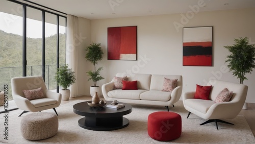 modern living room, large windows, forest view, fireplace, red and white abstract art, white sofa, red cushions, coffee table, ottomans, minimalist decor, natural light, cozy interior, contemporary de
