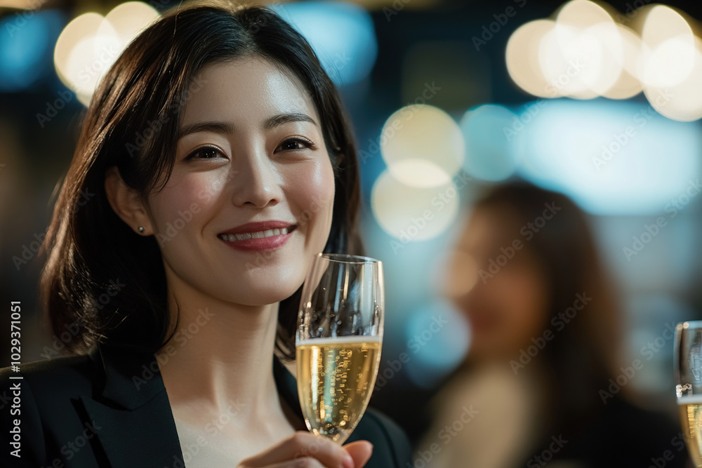 Happy Japanese businesswoman toasting with a glass of champagne Happy Japanese businesswoman toasting with a glass of champagne