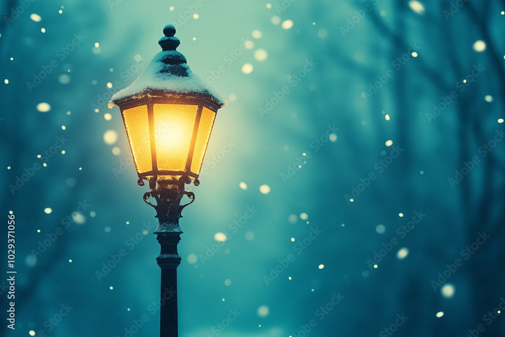 A tranquil image of softly falling snow over a quiet street lamp at dusk A tranquil image of softly falling snow over a quiet street lamp at dusk