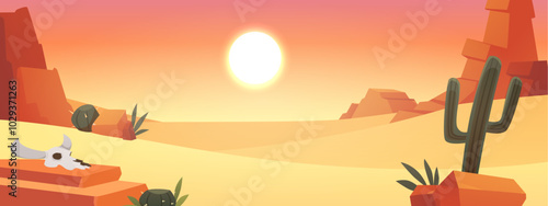 Illustration of a desert landscape with rocks, cacti, animal skull and sunset.