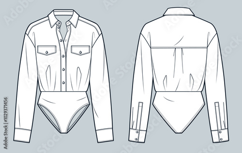 Collar Shirt technical fashion Illustration. Shirt Bodysuit fashion flat technical drawing template, button down collar, cuff sleeve, front and back view, white, women, men, unisex CAD mockup.