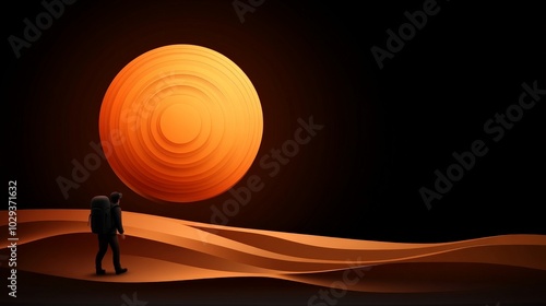 Silhouette of a lone hiker, gazing up at a giant, glowing, orange sun in a surreal, minimalist desert landscape.  