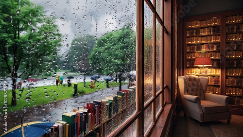 Cozy Library with Raindrops and