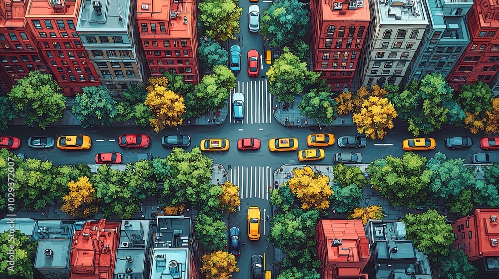 Aerial view of colorful city street with vibrant autumn trees Aerial view of colorful city street with vibrant autumn trees