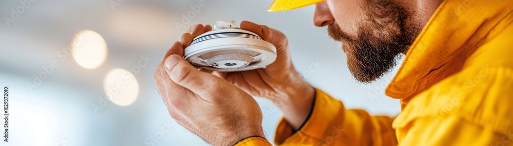 Fototapeta premium Firefighter Checking Smoke Detectors for Safety Compliance