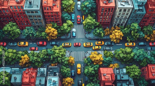 Aerial view of colorful city street with vibrant autumn trees