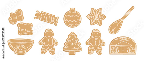 Kazakh national elements, ornaments set in the form of Happy New Year gingerbread cookies. Vector isolated hand drawn illustration on white background. Kazakh Yurt, bowl, taqiya, shanyrak. Kazakhstan