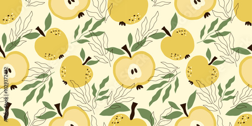Seamless pattern for textiles and fabric with yellow apples. Vector design with fruit and leaves. Hand drawn background with abstract fruits.