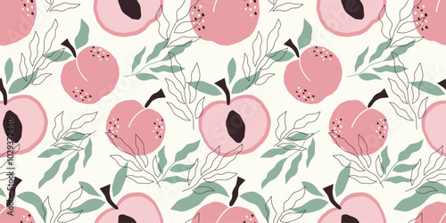 Modern seamless background with peaches and leaves. Abstract botanical design for fabric and kitchen textiles. Repeating pattern with juicy fruits.