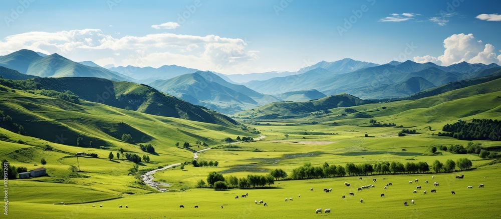 Serene Mountain Valley with Grazing Sheep