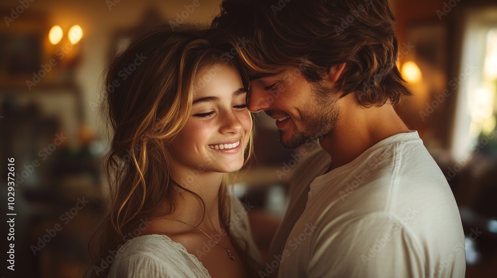 A couple sharing a tender moment, smiling and embracing in a cozy indoor setting. A couple sharing a tender moment, smiling and embracing in a cozy indoor setting.