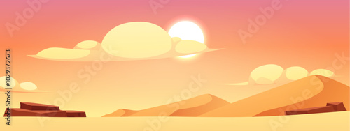 Vector illustration of desert landscape with hills, rocks, sun and yellow clouds.