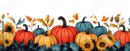 Lovely hand drawn Thanksgiving seamless pattern with pumpkins and sunflowers, great for textiles, table cloth, wrapping, banners, wallpapers - vector design