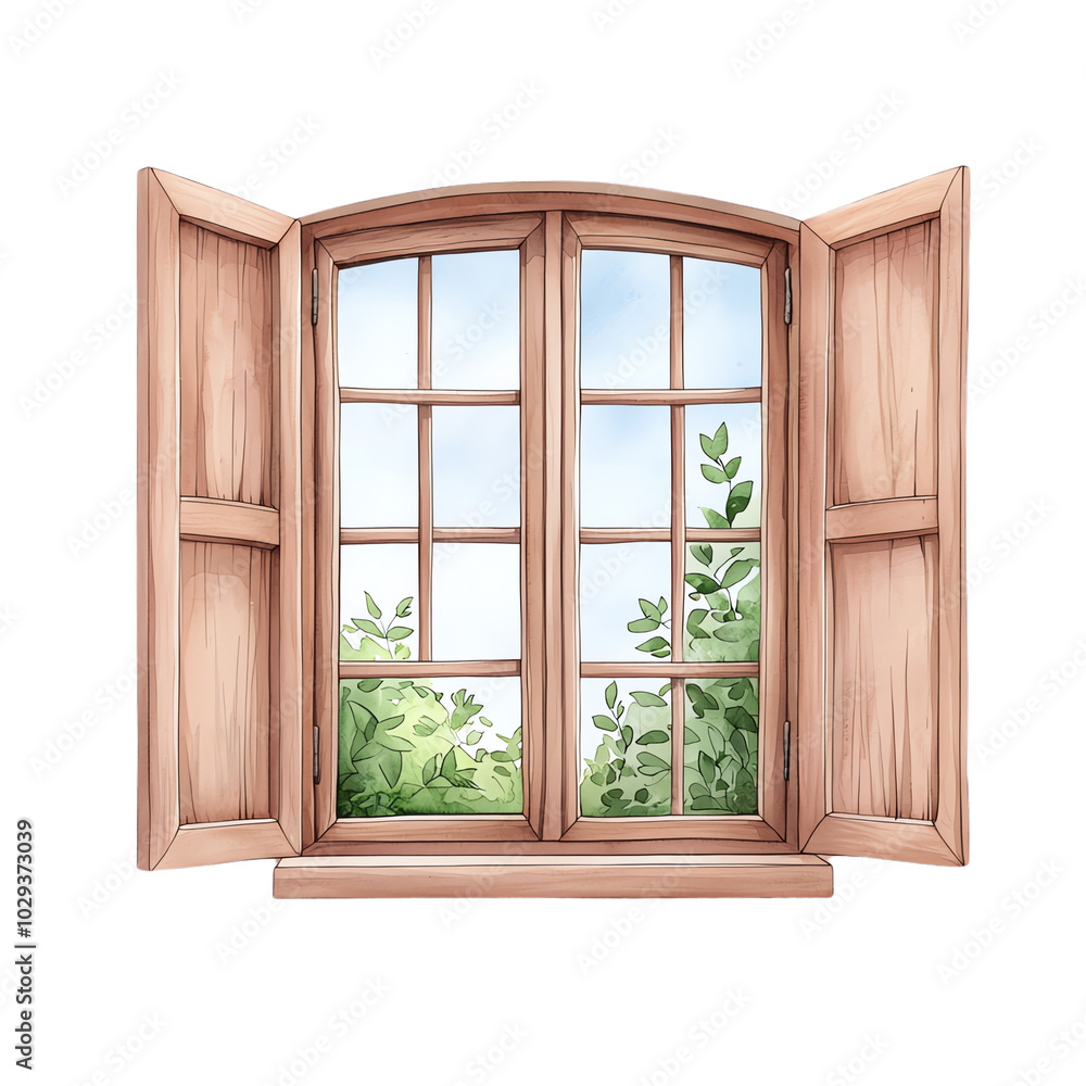 Obraz premium watercolor Wooden window with open shutters, green view transparent background
