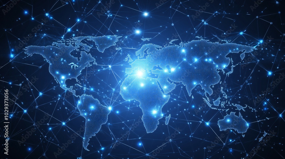 A digital map of the world with interconnected lines and glowing nodes A digital map of the world with interconnected lines and glowing nodes