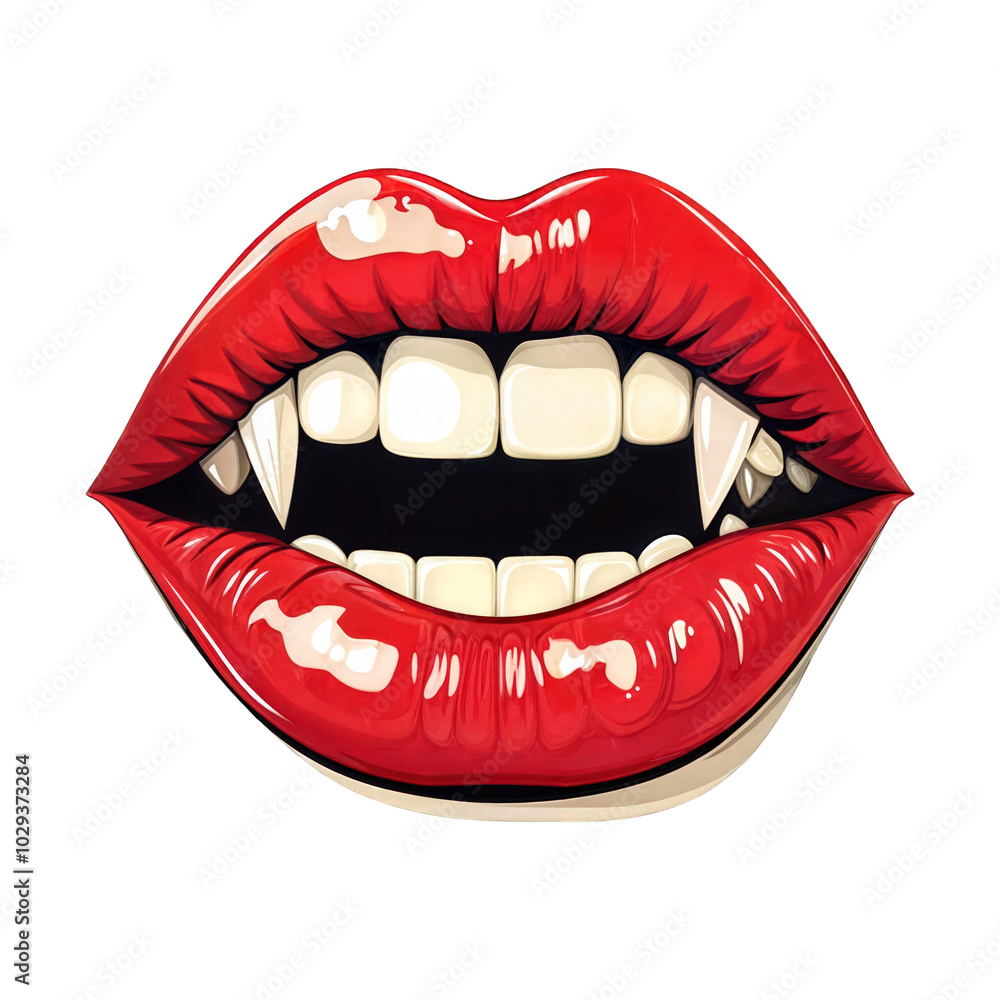 Glossy red vampire lips with sharp fangs isolated on transparent background, Halloween and horror design