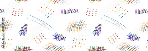 Seamless pattern of colorful naive playful shapes drawing by wax crayon pencil. Chalk scribbles in pastel colors. Children brush handdrawn doodles. Chalk drawn grunge vector texture