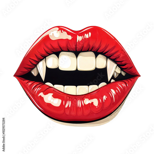 Obraz na płótnie Glossy red vampire lips with sharp fangs isolated on transparent background, Halloween and horror design w salonie
