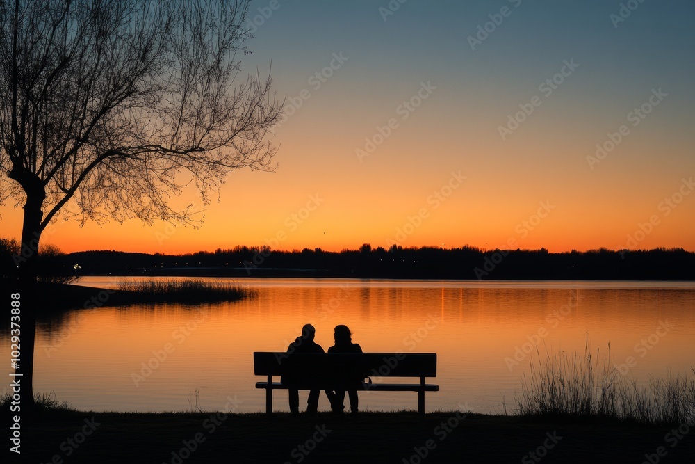 Couple enjoying a tranquil sunset together on a lakeside bench surrounded by soft golden-pink hues. With copy space for text. Couple enjoying a tranquil sunset together on a lakeside bench surrounded by soft golden-pink hues. With copy space for text.