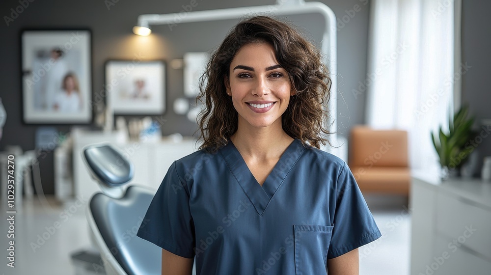 Young female dentist smiling confidently in a modern clinic during daytime Young female dentist smiling confidently in a modern clinic during daytime