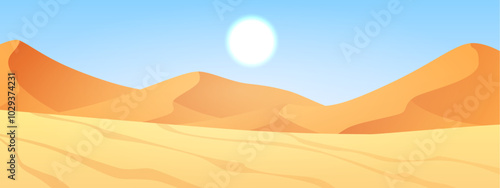 Desert landscape with golden sand dunes, vector, cartoon sunrise under sandy hills, deserted African nature background