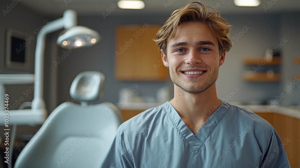 Fototapeta premium Young male dental professional smiling in a modern dental clinic during a daytime session with patients in the background