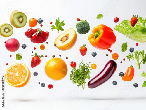 Colorful array of fresh fruits and veggies displayed on a bright white background