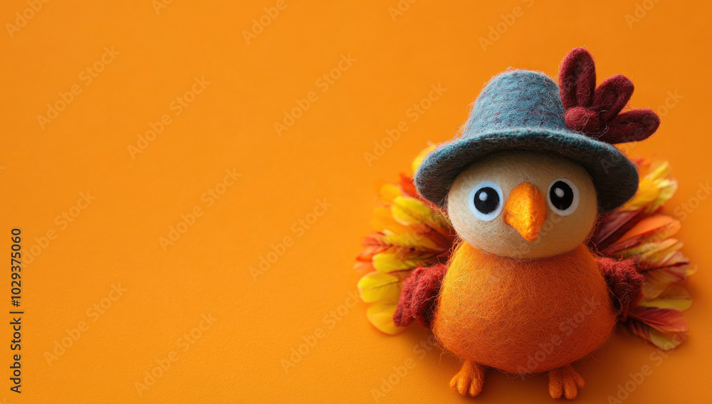 orange brown and yellow crafted felt turkey laying flat on an orange background with copy space orange brown and yellow crafted felt turkey laying flat on an orange background with copy space