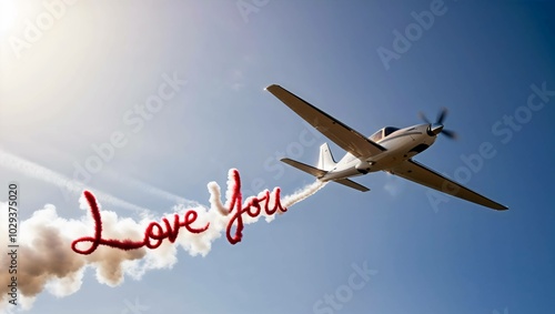 Romantic Skywriting Love Message Airplane, Aerial View, Clear Blue Sky, Red Smoke Letters, Propeller Plane in Flight, Ideal for Valentine's, Celebrations, or Romantic Gifts
