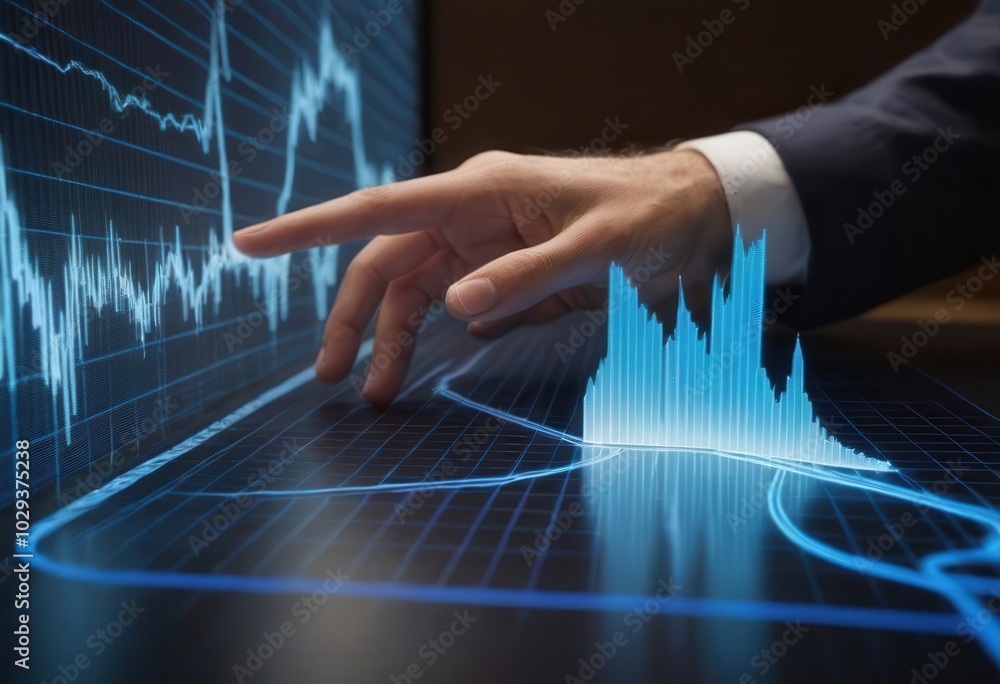 A welldressed man in a formal suit is pointing at a graph displayed on a screen A welldressed man in a formal suit is pointing at a graph displayed on a screen