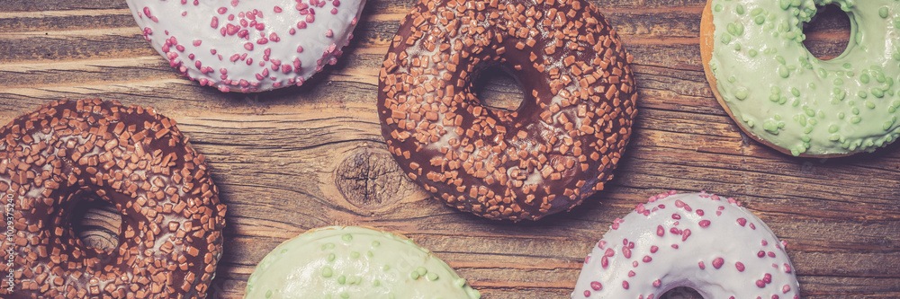 Colorful donuts on wooden table
