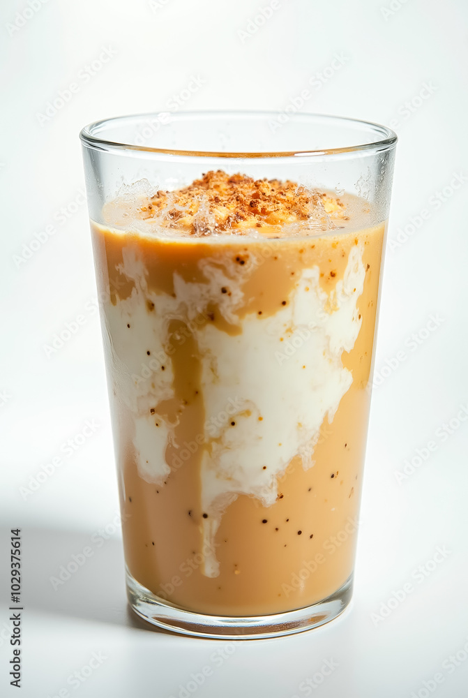 A clear glass holds a refreshing iced coffee drink, generously topped with whipped cream and finely crushed nuts for added texture and flavor enhancement A clear glass holds a refreshing iced coffee drink, generously topped with whipped cream and finely crushed nuts for added texture and flavor enhancement