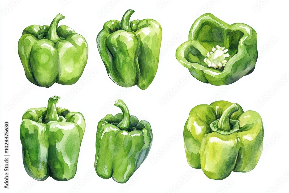 A collection of hand-painted green bell peppers in various perspectives, showcasing their vibrant color and fresh appeal. A collection of hand-painted green bell peppers in various perspectives, showcasing their vibrant color and fresh appeal.
