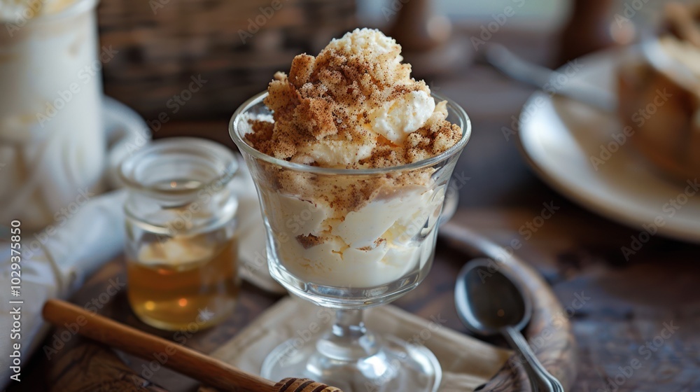 Creamy Dessert Topped with Crunchy Crumble in Glass Creamy Dessert Topped with Crunchy Crumble in Glass
