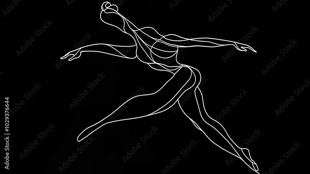 Obraz premium A black-and-white image captures a woman's silhouette in mid-air, with her arms fully extended