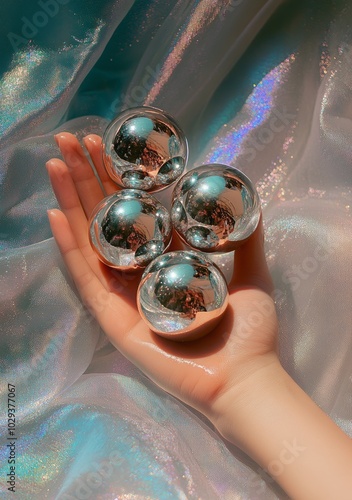 a woman's hand is holding shiny silver Christmas baubles against transparent metallic fabric  photo