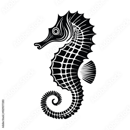 Elegant black seahorse silhouette, isolated against white background